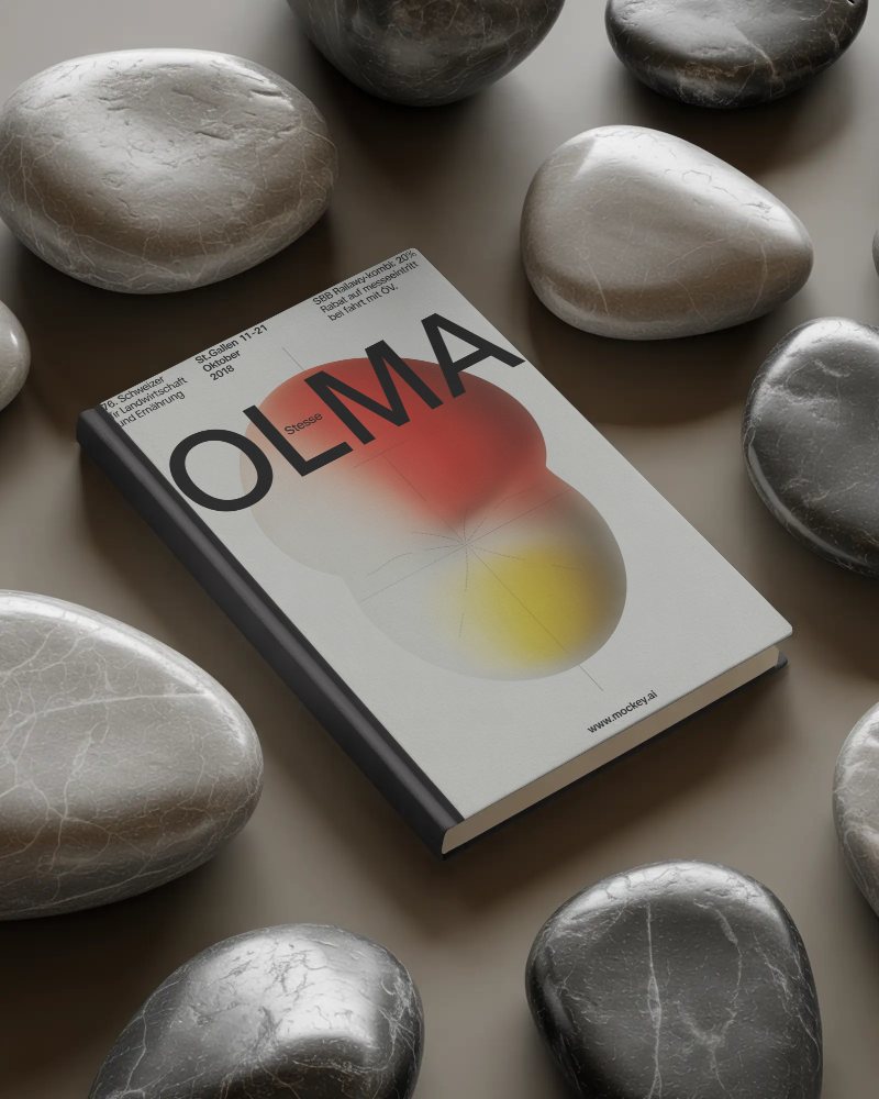 Realistic Book Mockup Floating Among Polished Round Stones With Blank Cover Space